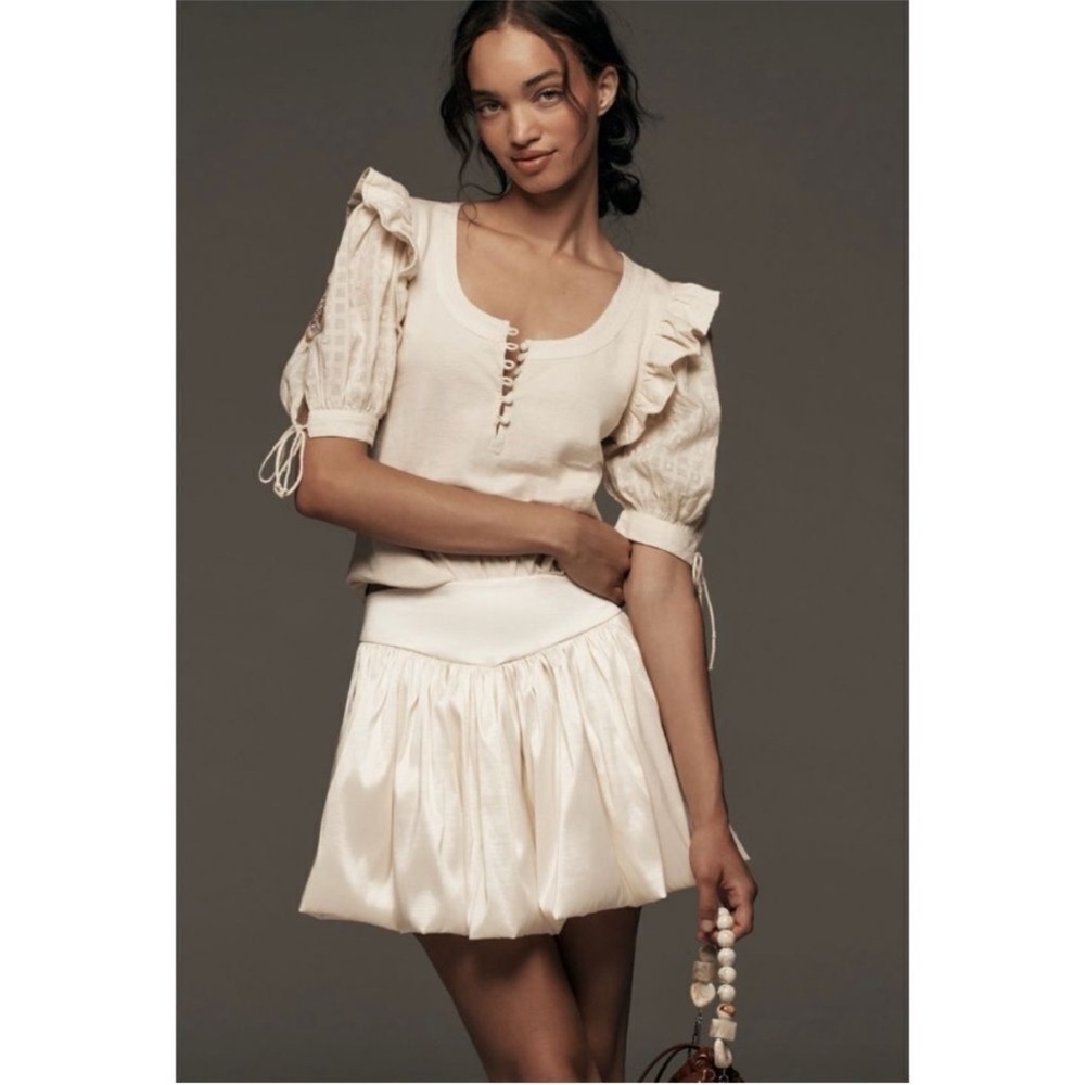 Anthropologie Cream Blouse with Embroidered Sleeves - Picture 2 of 11